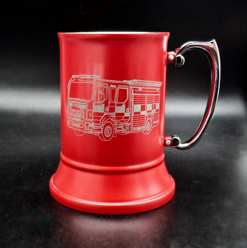 Fire Engine artwork engraved on Red Steel Tankard | Giftware Engraved