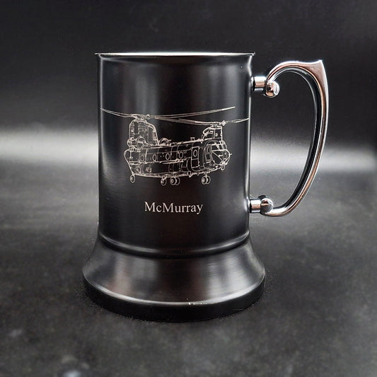 Our Chinook Helicopter Artwork engraved on Black Steel Tankard | Giftware Engraved