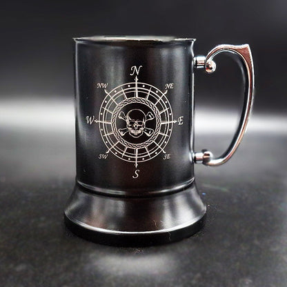 Skull Compass Artwork Engraved on Black Steel Tankard  Giftware Engraved