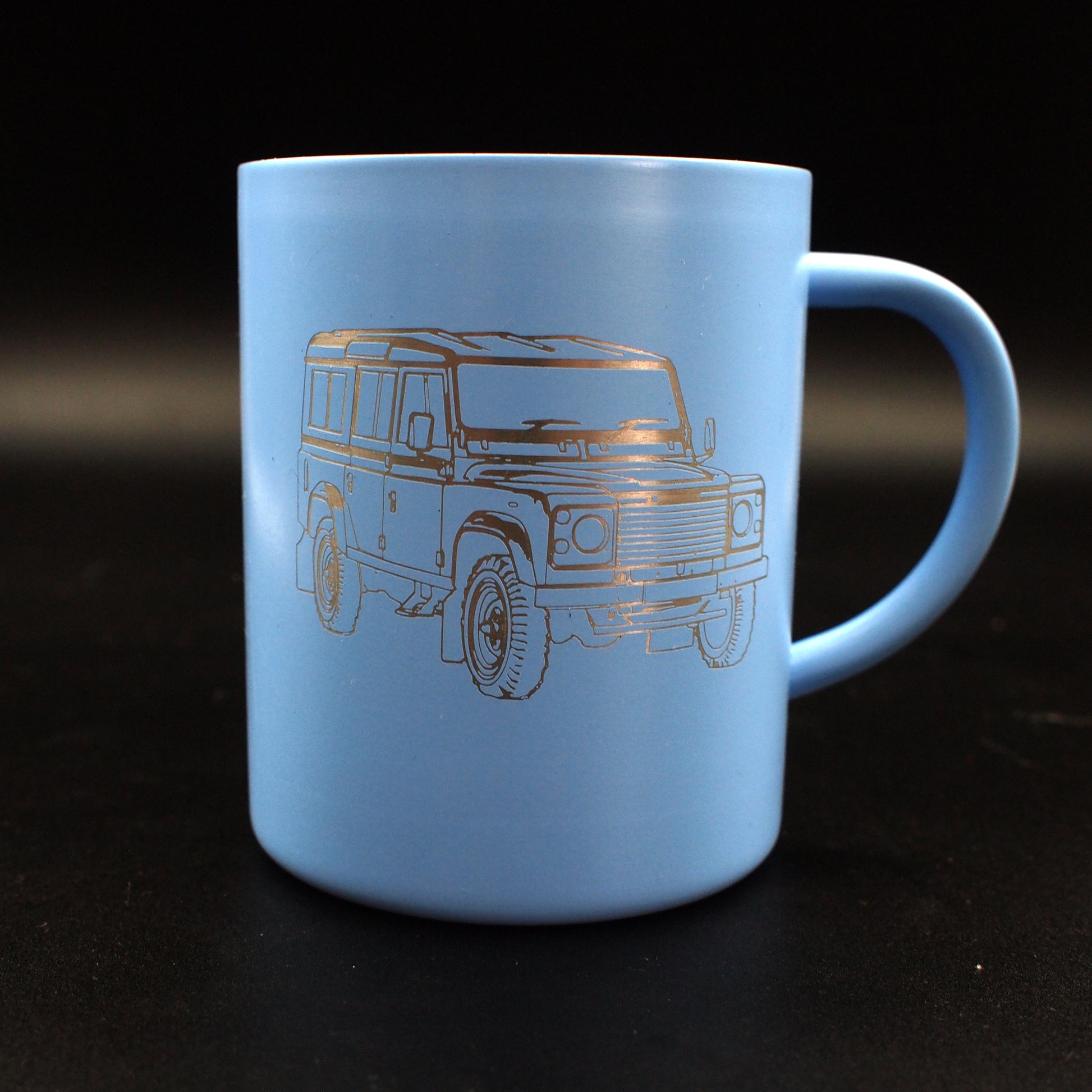 Land Rover Artwork engraved on Blue Camping Mug | Giftware Engraved