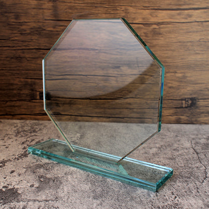17cm Octagon Glass Award Trophy - Clear Glass with Sturdy Base