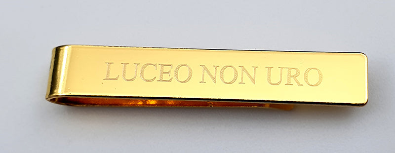 Gold bar with 'LUCEO NON URO' engraving on a light gray background