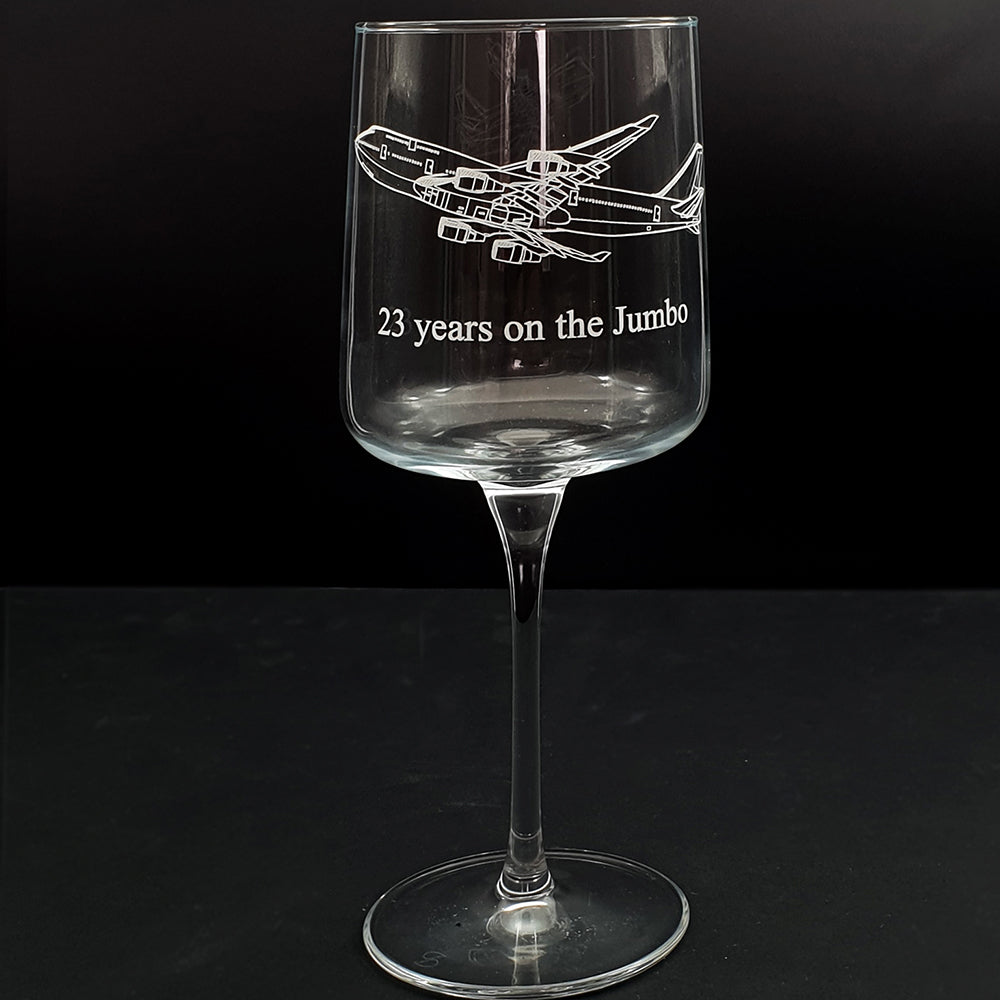 Iconic wine glass with Boeing 747 aircraft artwork