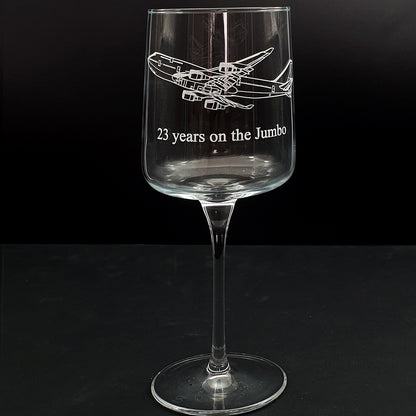 Iconic wine glass with Boeing 747 aircraft artwork