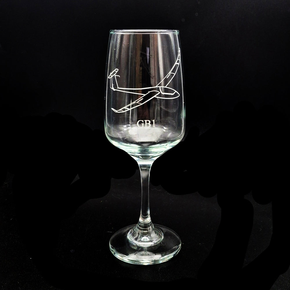Discus glider wine glass engraved with 'GB1'text.