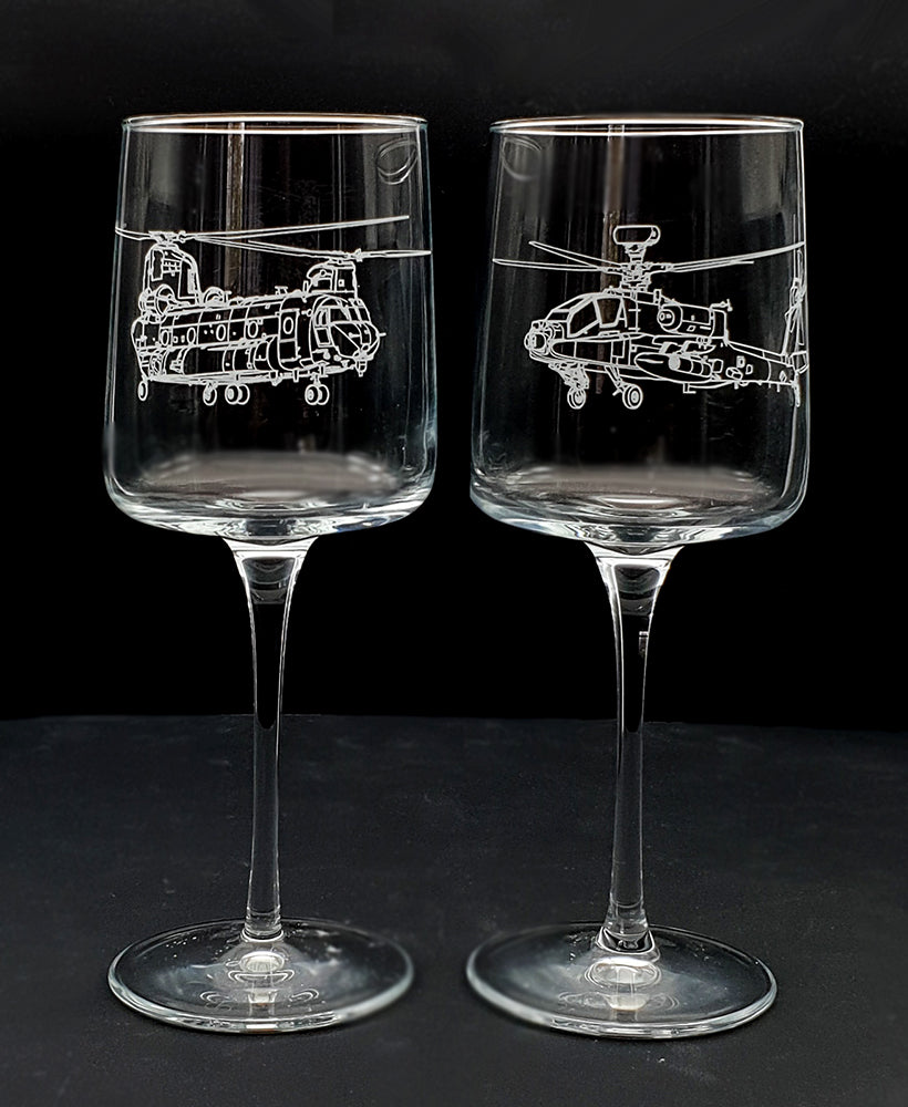 two wine glasses with our Apache and Chinook Helicopter design engraved
