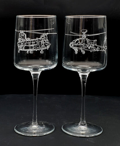 two wine glasses with our Apache and Chinook Helicopter design engraved
