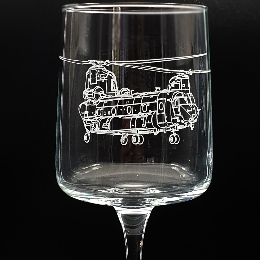Close up of Chinook Helicopter engraved on Wine Glass