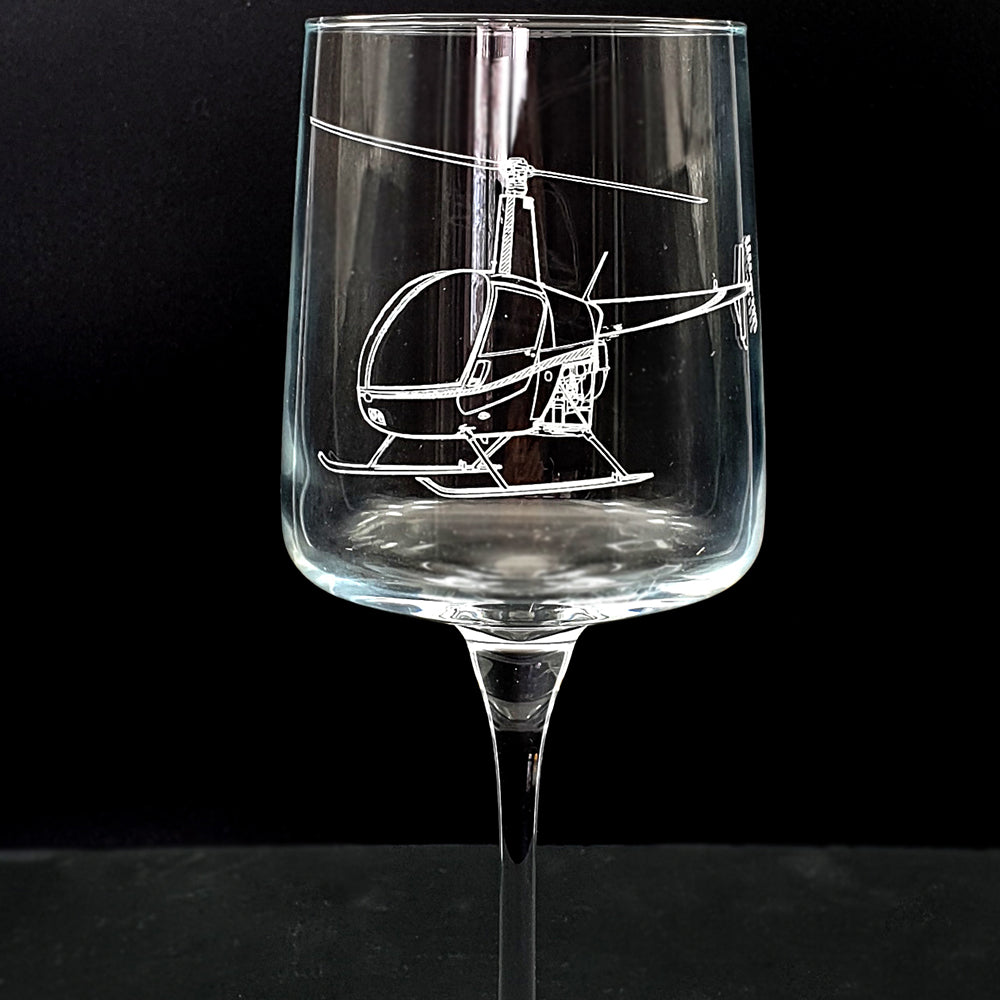 Robinson R22 helicopter artwork engraved on iconic wine glass
