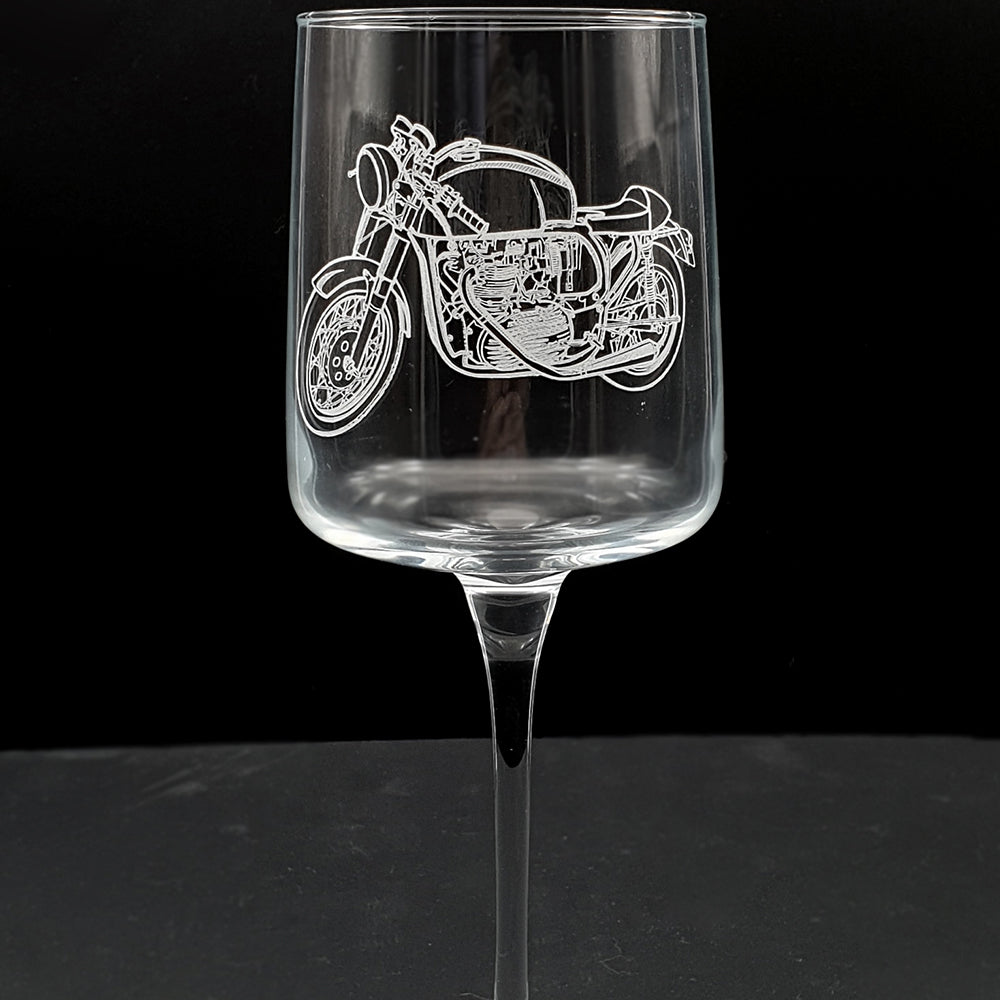 Vintage Cafe Motorcycle artwork engraved on iconic wine glass