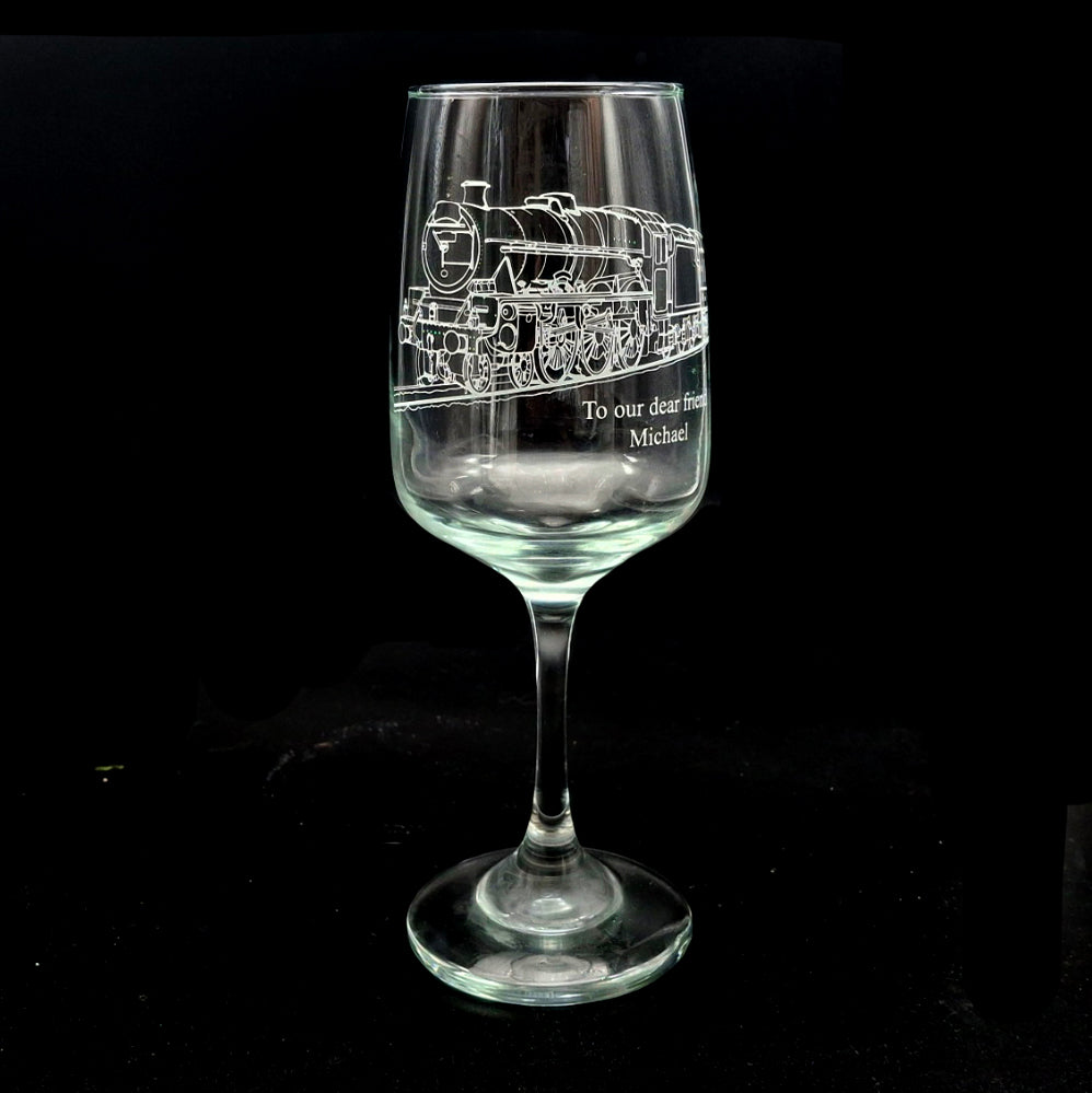 Steam Train locomotive engraved on a personalised everyday wine glass