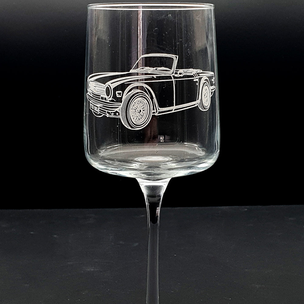 Vintage TR6 sports car artwork engraved on wine glass