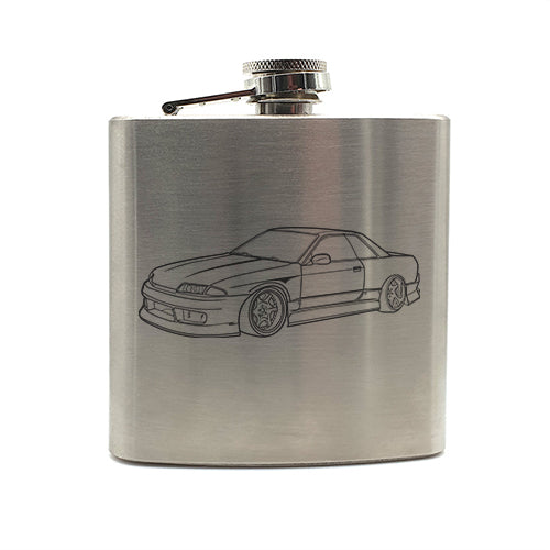 nsn skyline modified car hip flask digital engraving mockup / engraving preview