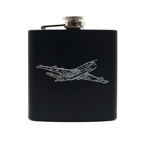 Mockup of our Hawker Siddeley Nimrod aircraft artwork on black  Hip Flask