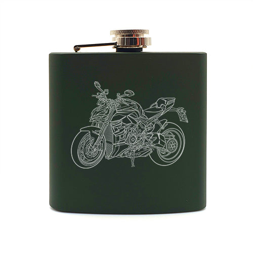 duc streetfighter motorcycle hip flask digital engraving mockup / engraving preview