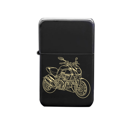 duc diavel motorcycle cigarette lighter digital engraving mockup / engraving preview