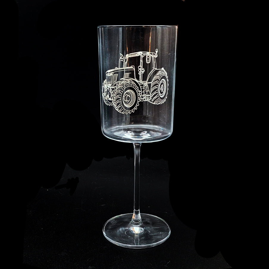 Our Tractor artwork engraved on a retro style wine glass