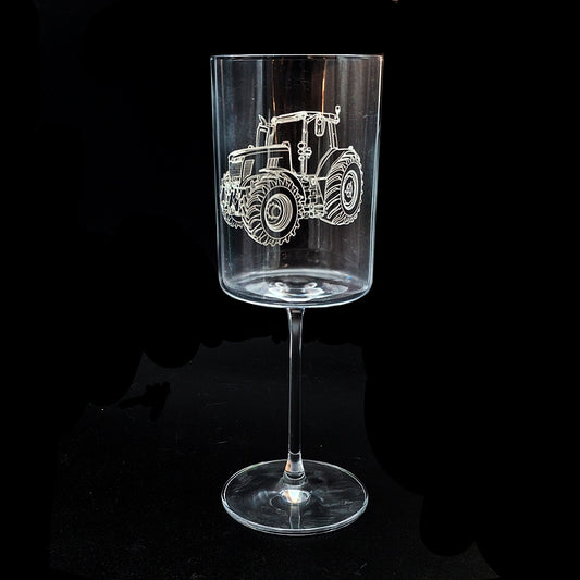 Our Tractor artwork engraved on a retro style wine glass
