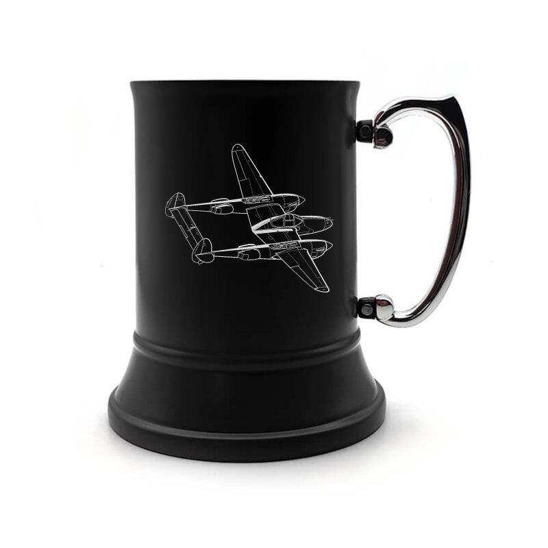 P38 Lightning aircraft steel tankard digital engraving mockup / engraving preview