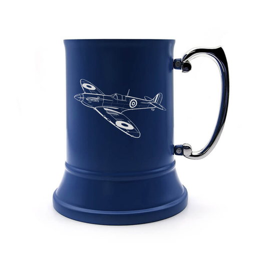 Supermarine Spitfire aircraft steel tankard digital engraving mockup / engraving preview
