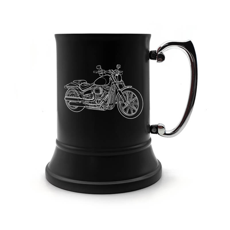 breakout motorcycle steel tankard mug digital engraving mockup / engraving preview