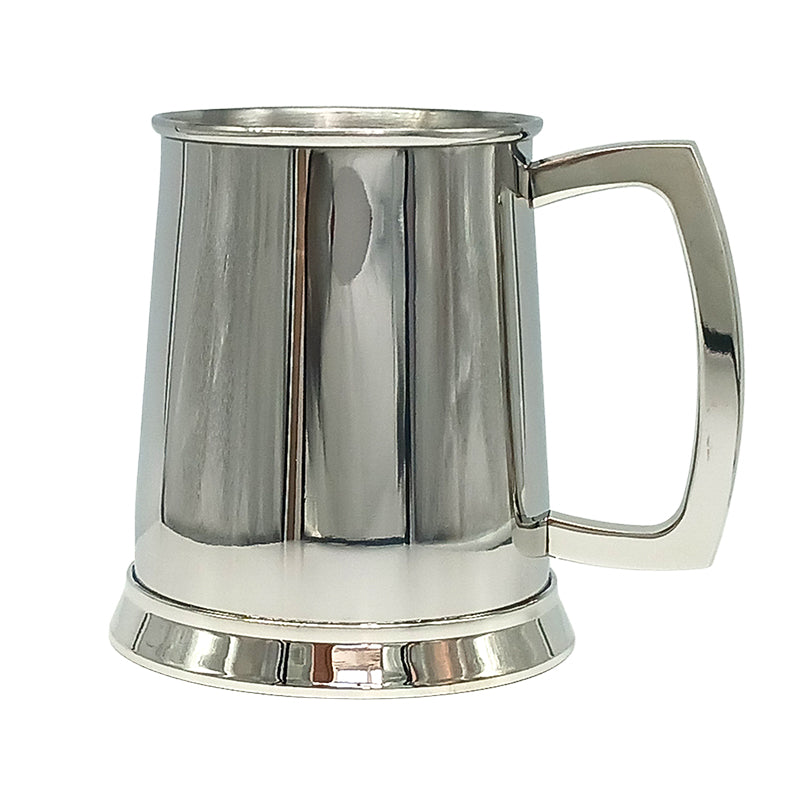 Front image of premium high polished steel tankard on White background