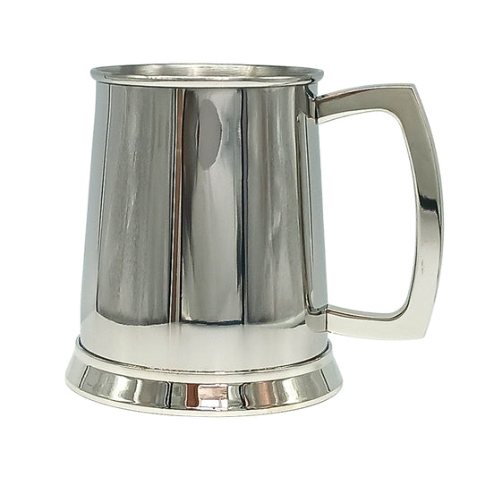 Front image of premium high polished steel tankard on White background