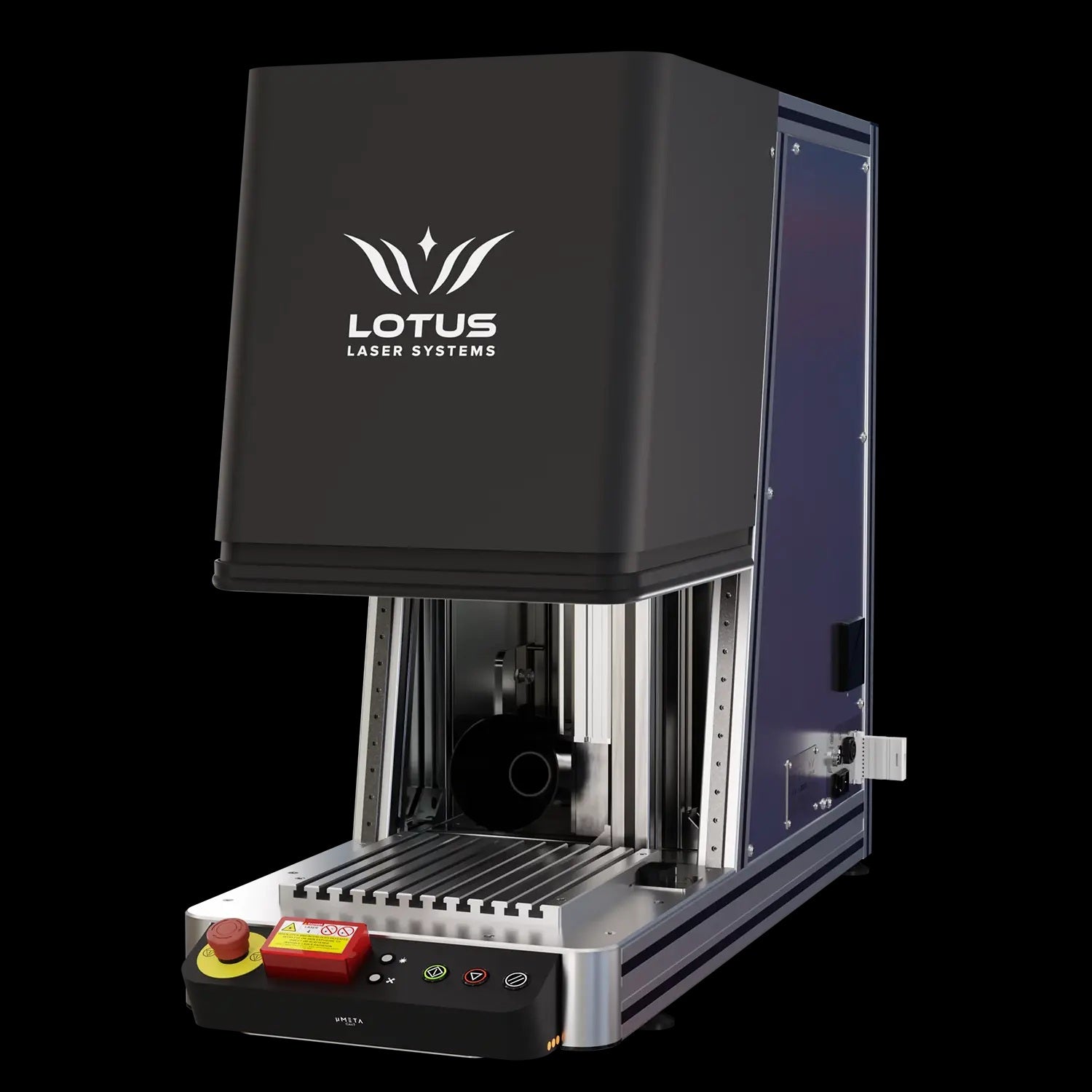 Lotus Laser Systems uMeta Fibre Laser machine on a black background