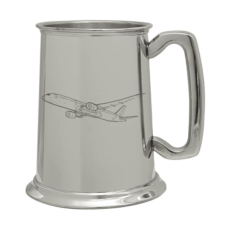 Illustration of Boeing 787 Dreamliner Aircraft Engraved on Pewter Tankard | Giftware Engraved