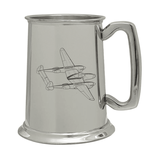Illustration of P38 Lightning Aircraft Engraved on Pewter Tankard | Giftware Engraved