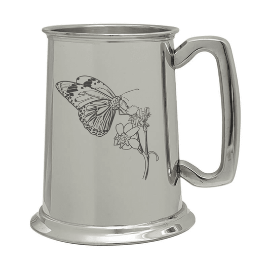 Illustration of Butterfly & Plant Engraved on Pewter Tankard | Giftware Engraved