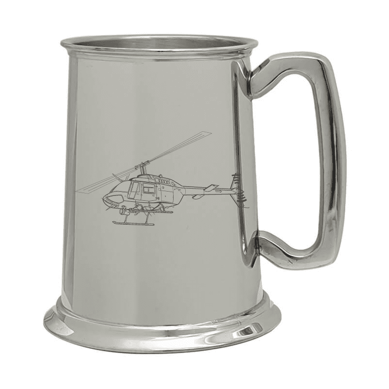 Illustration of Bell 206 Jet Ranger Helicopter Engraved on Pewter Tankard | Giftware Engraved