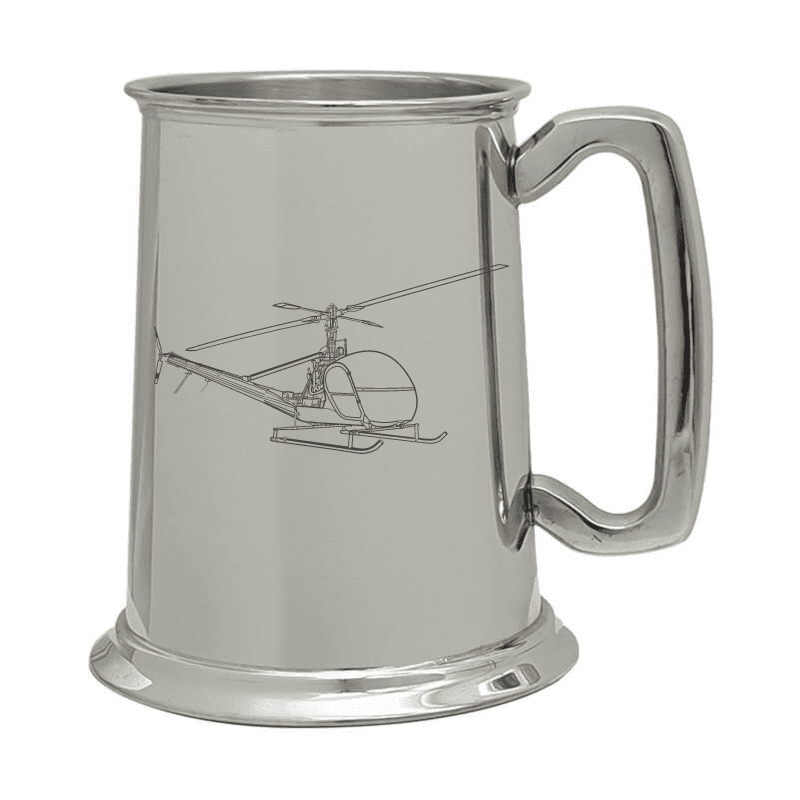 Illustration of Hiller OH-23 Raven Helicopter Engraved on Pewter Tankard | Giftware Engraved