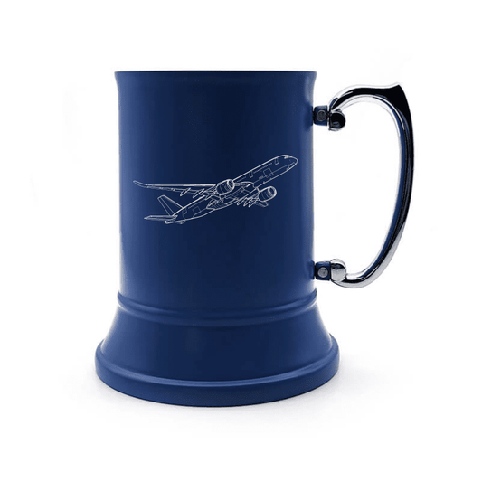 Illustration of Airbus A350 Aircraft Engraved on Steel Tankard with Ornate Handle | Giftware Engraved