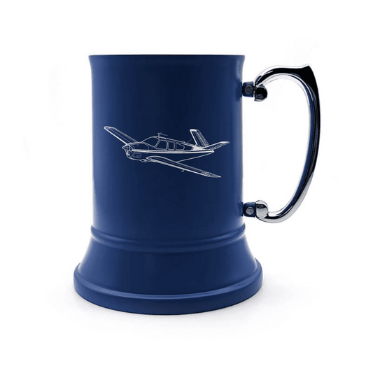 Illustration of Beechcraft Baron Aircraft Engraved on Steel Tankard with Ornate Handle | Giftware Engraved
