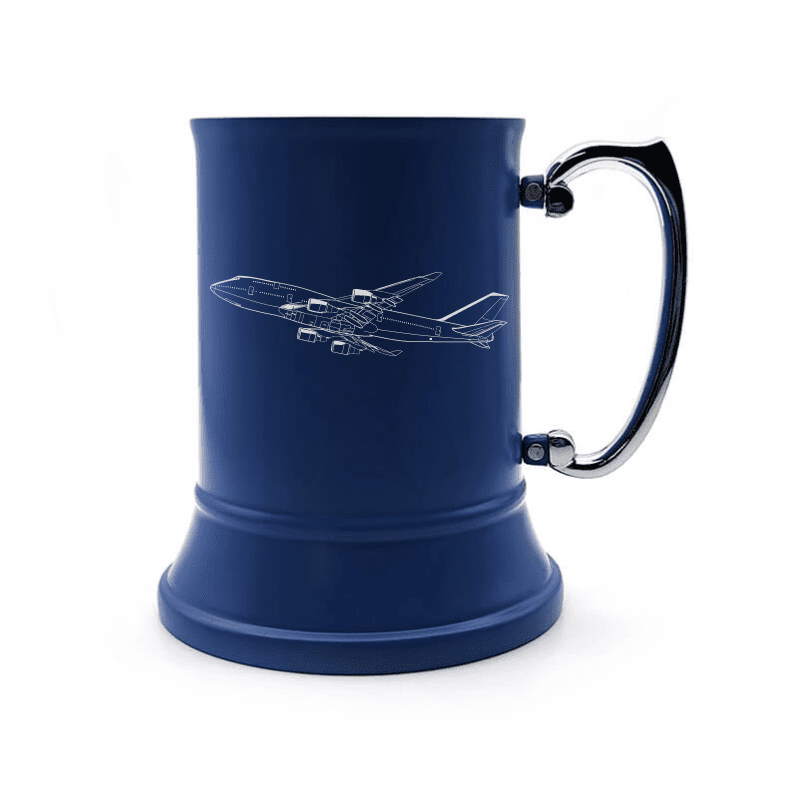 Illustration of Boeing 747 Aircraft Engraved on Steel Tankard with Ornate Handle | Giftware Engraved