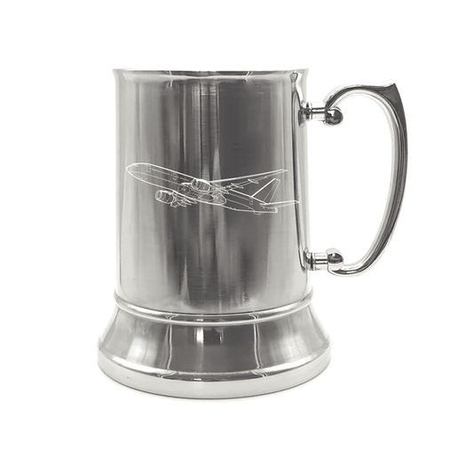 Illustration of Boeing 777 Aircraft Engraved on Steel Tankard with Ornate Handle | Giftware Engraved