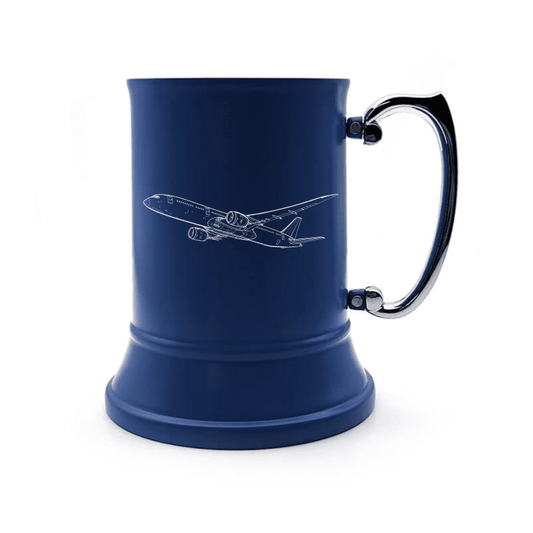 Illustration of Boeing 787 Dreamliner Aircraft Engraved on Steel Tankard with Ornate Handle | Giftware Engraved