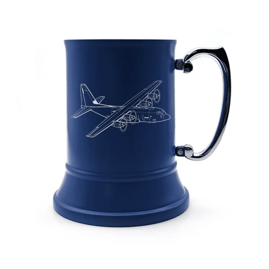 Illustration of C130 Hercules Aircraft Engraved on Steel Tankard with Ornate Handle | Giftware Engraved
