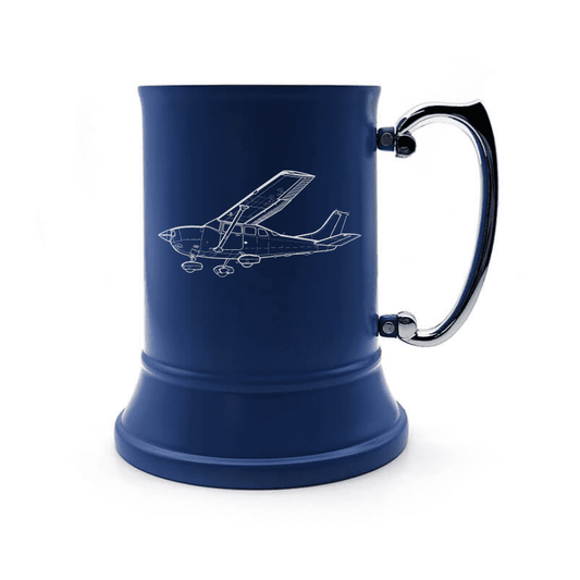 Illustration of Cessna 206 Aircraft Engraved on Steel Tankard with Ornate Handle | Giftware Engraved