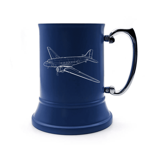 Illustration of Douglas DC3 Aircraft Engraved on Steel Tankard with Ornate Handle | Giftware Engraved