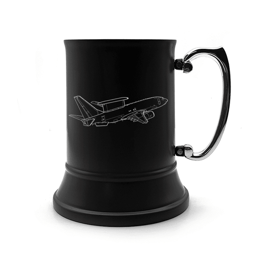 Illustration of Boeing E7 Wedgetail Aircraft Engraved on Steel Tankard with Ornate Handle | Giftware Engraved