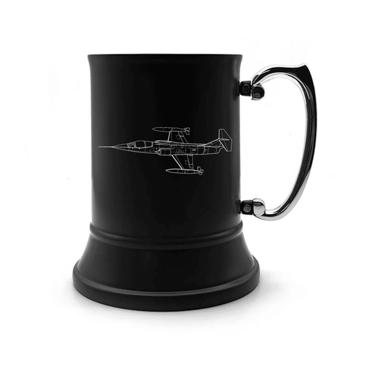 Illustration of Lockheed F104 Starfighter Aircraft Engraved on Steel Tankard with Ornate Handle | Giftware Engraved