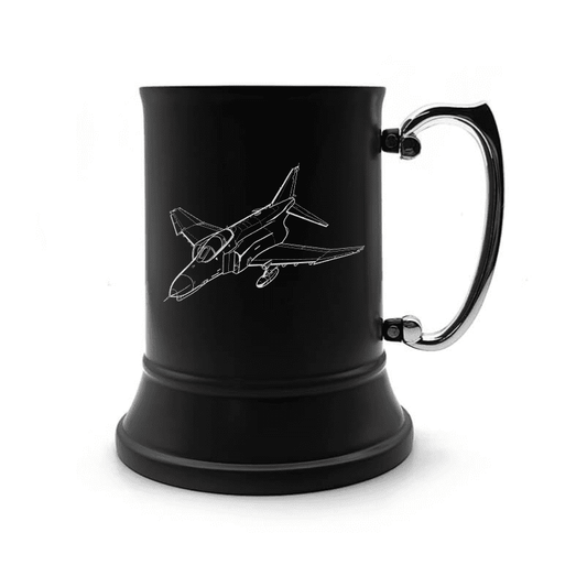 Illustration of McDonnell Douglas F4 Phantom Aircraft Engraved on Steel Tankard with Ornate Handle | Giftware Engraved