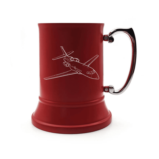 Illustration of Dassault Falcon 900 Aircraft Engraved on Steel Tankard with Ornate Handle | Giftware Engraved