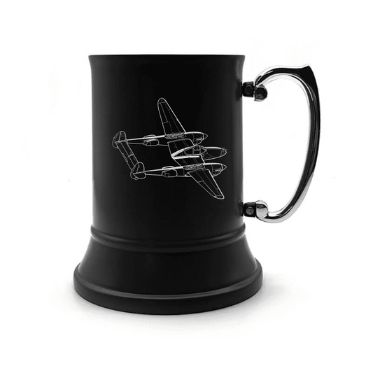Illustration of P38 Lightning Aircraft Engraved on Steel Tankard with Ornate Handle | Giftware Engraved