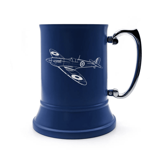 Illustration of Supermarine Spitfire Aircraft Engraved on Steel Tankard with Ornate Handle | Giftware Engraved