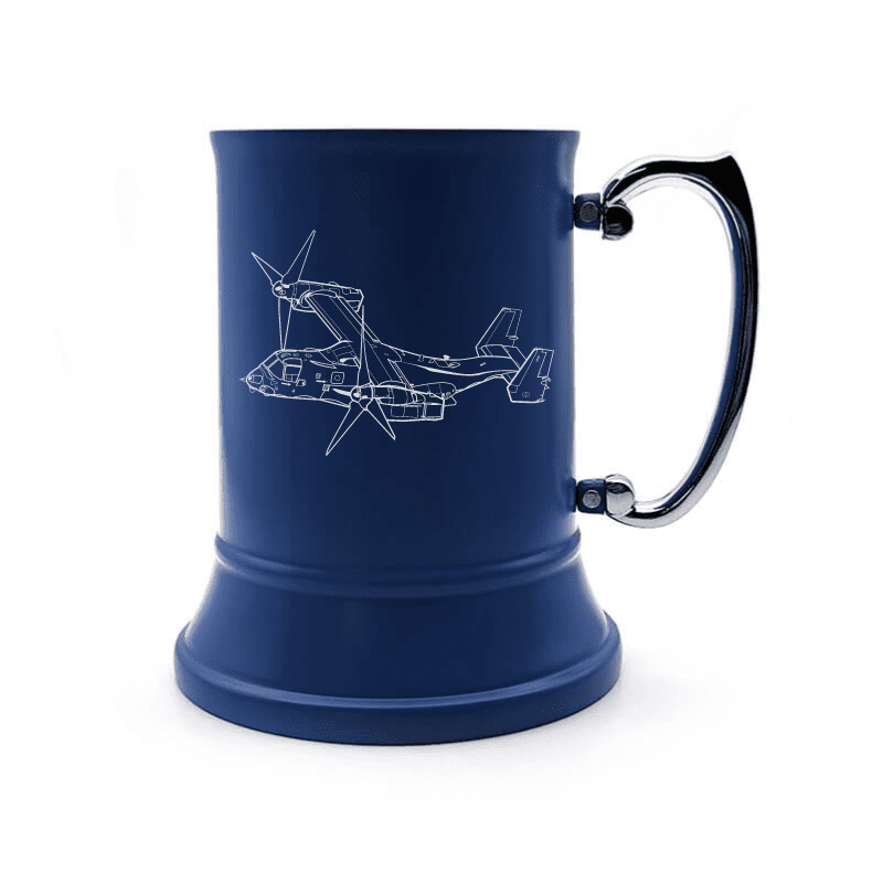 Illustration of V22 Osprey Aircraft Engraved on Steel Tankard with Ornate Handle | Giftware Engraved