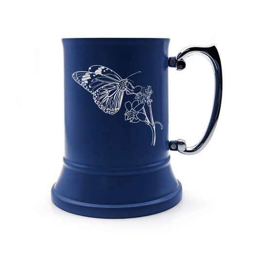 Illustration of Butterfly & Plant Engraved on Steel Tankard with Ornate Handle | Giftware Engraved
