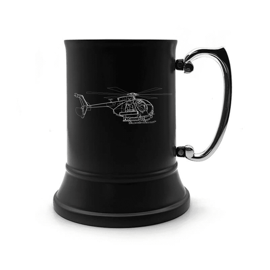 Illustration of AH6 Little Bird Helicopter Engraved on Steel Tankard with Ornate Handle | Giftware Engraved